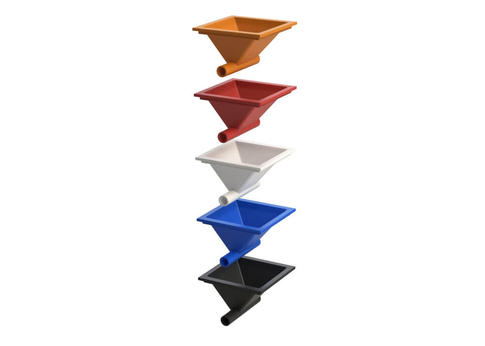 Five square funnels in orange, red, white, blue, and black, stacked vertically.