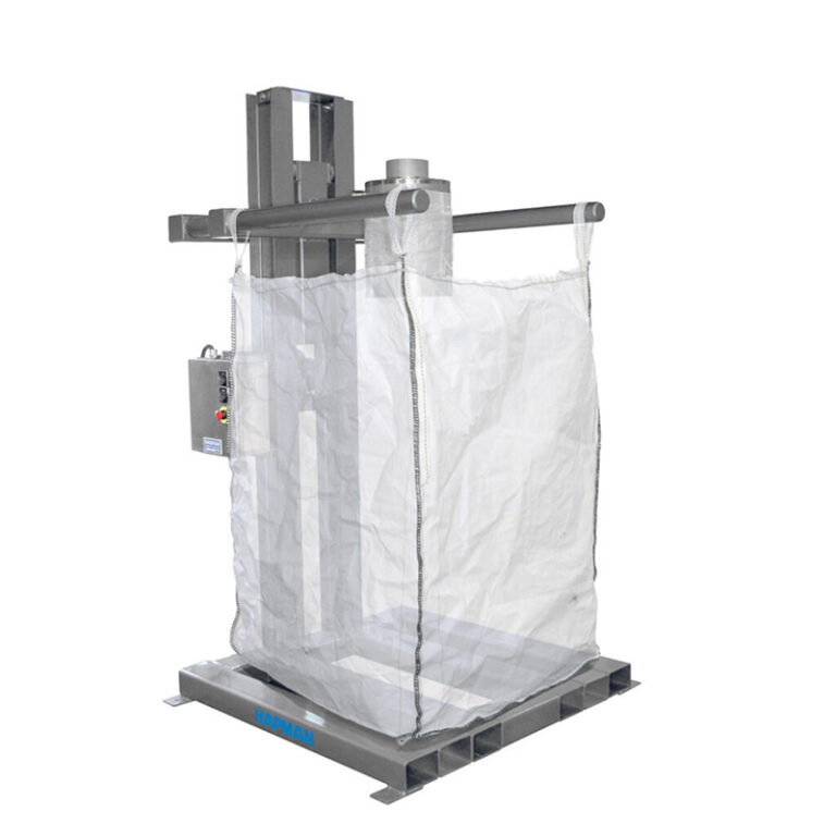 Industrial bulk bag filling station with an empty white FIBC bag suspended on a metal frame.