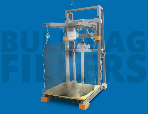 Industrial bulk bag filling station with a suspended frame and a flat platform base.
