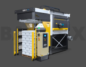 A Kahl industrial bagging machine stacking white bags on a wooden pallet.