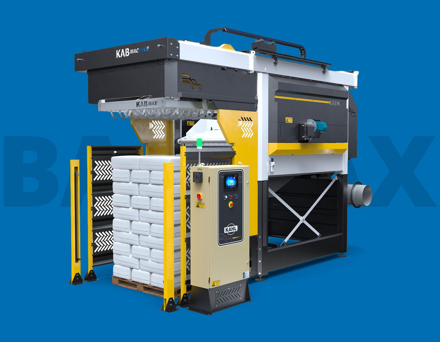 A Kahl KAB MAX palletizing machine stacking white bags on a wooden pallet.