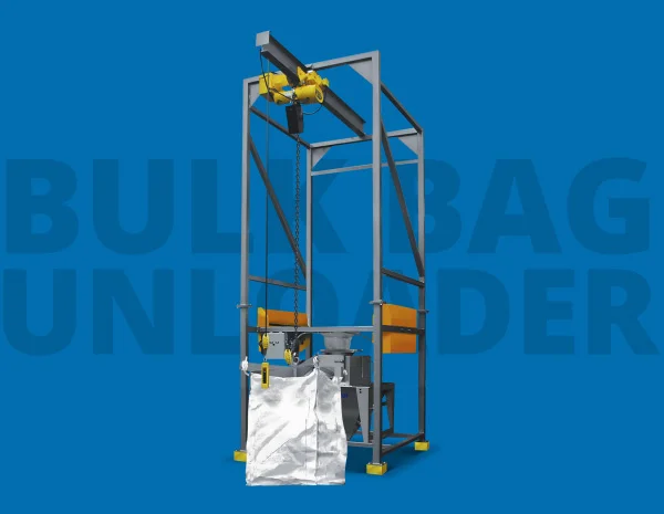 Industrial bulk bag unloader frame with an overhead hoist and a suspended white bag.
