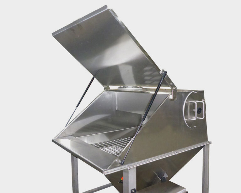 Industrial stainless steel dump station with an open hinged lid and a grate inside.