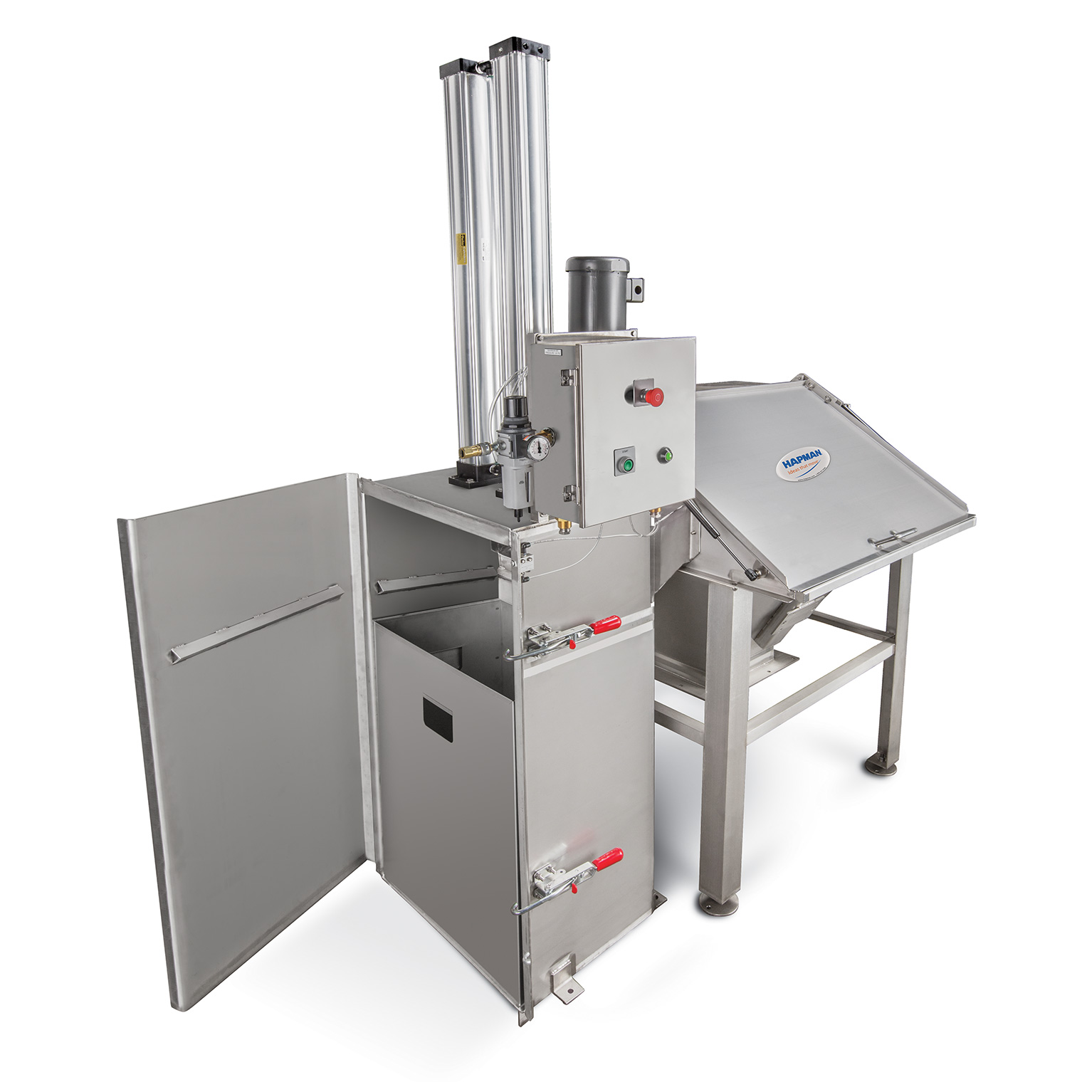 Stainless steel Hapman industrial bag dump station with a tall vertical pneumatic cylinder and open access door.