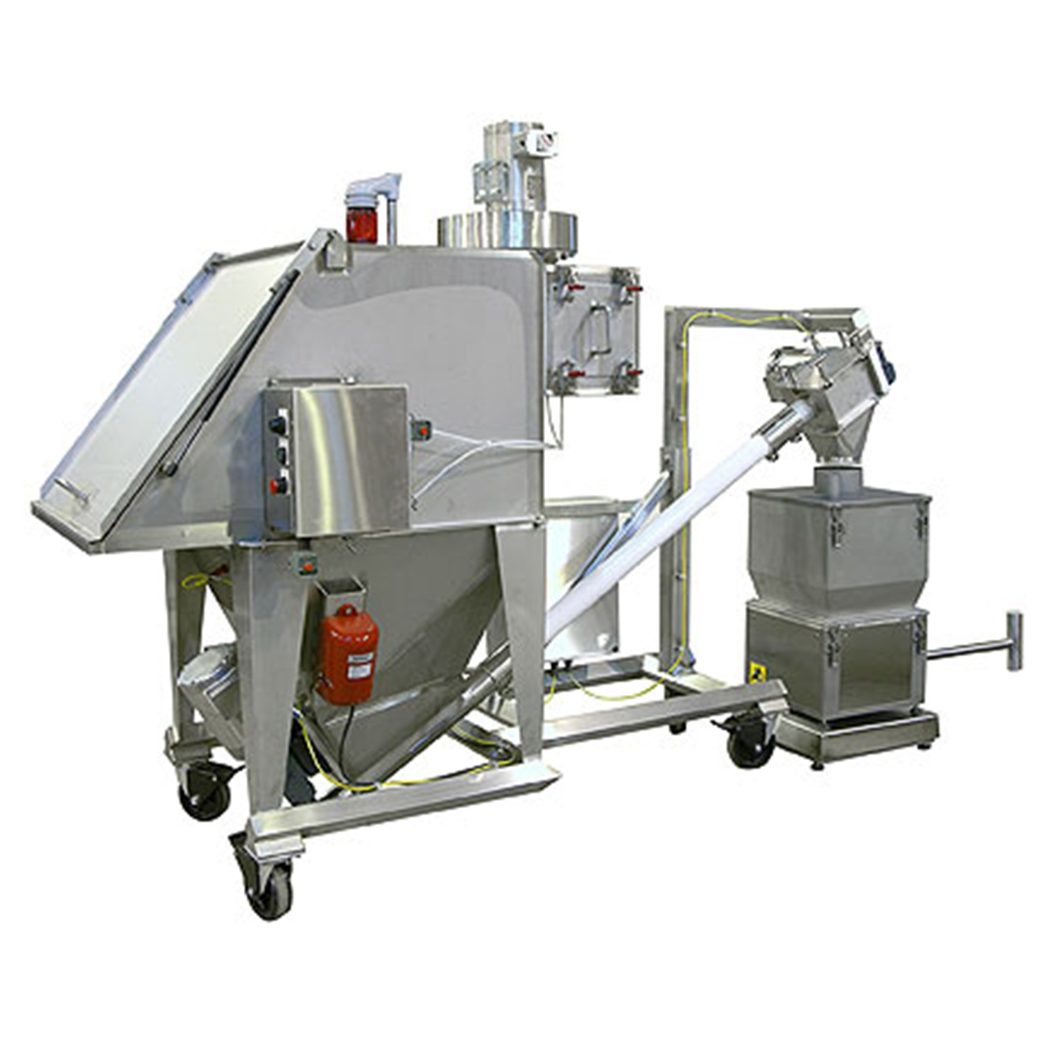 Industrial stainless steel material handling and processing machine on wheels with a hopper and discharge chute.