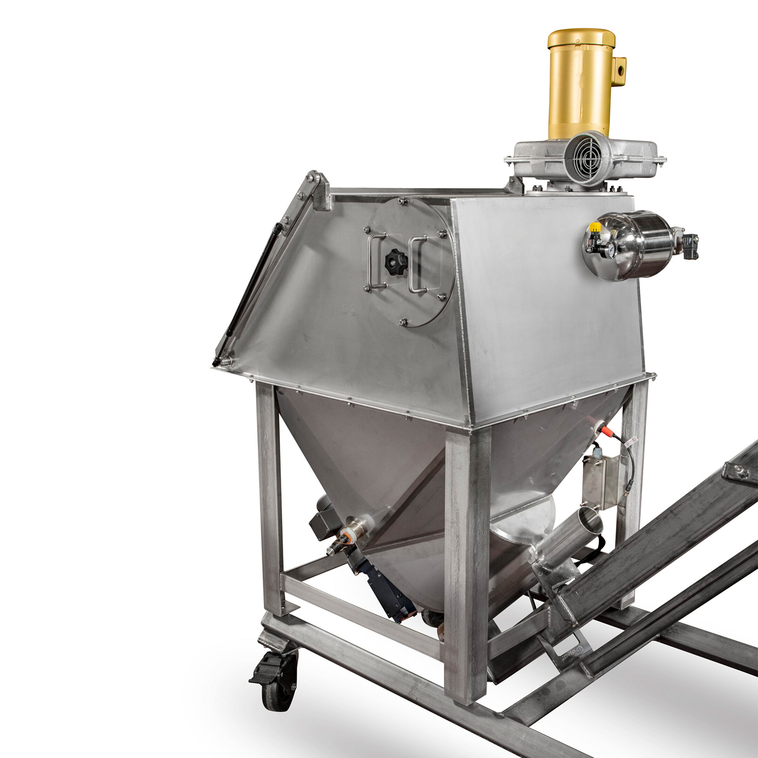 Stainless steel industrial hopper on a wheeled frame with a top-mounted motor.
