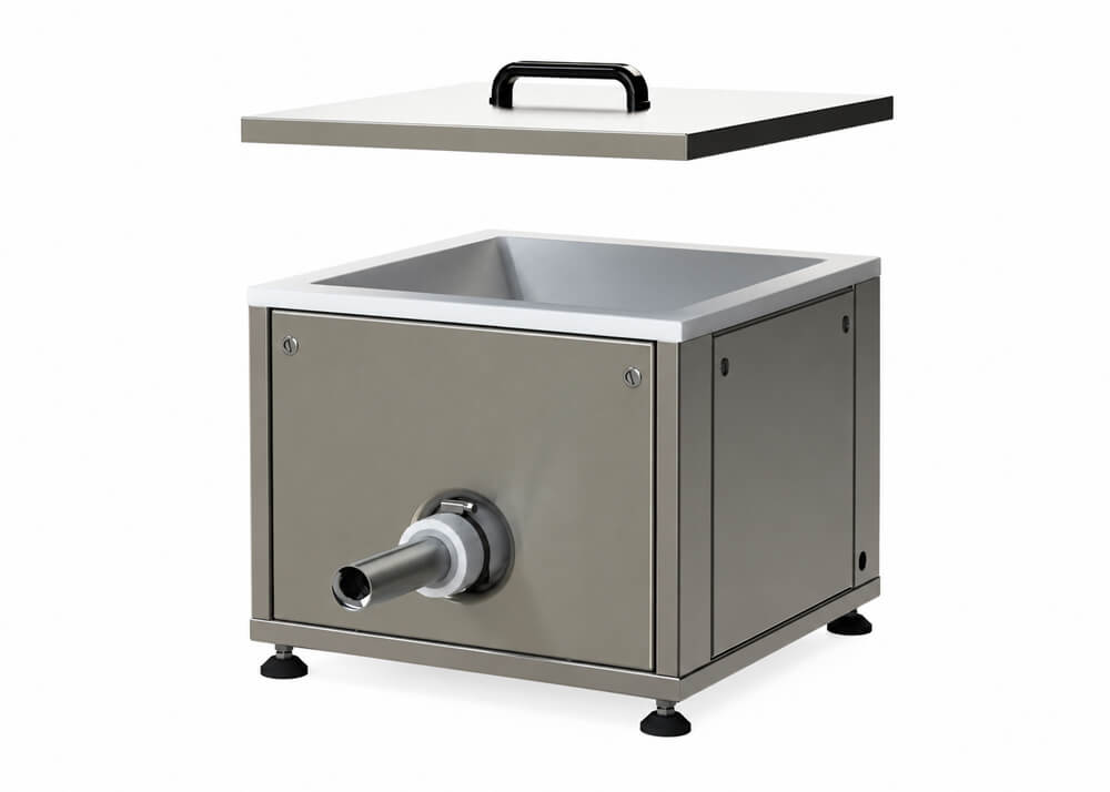 A stainless steel industrial food warming tank with a removable lid and a front-facing dispensing spout.