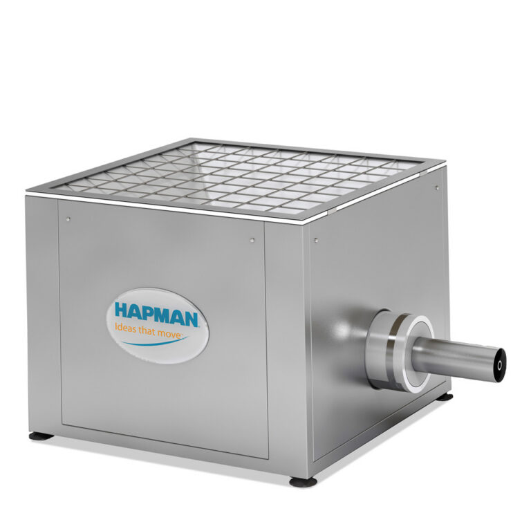 A stainless steel Hapman industrial hopper with a grid top and a side outlet pipe.