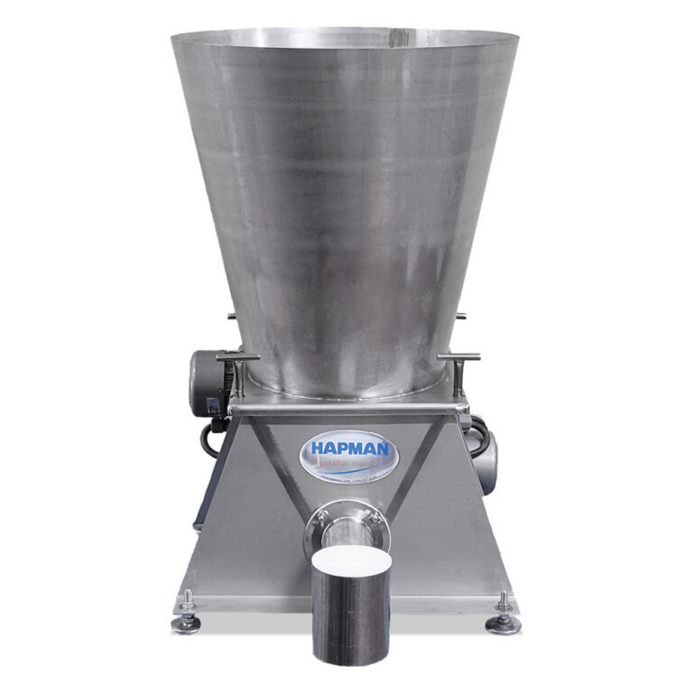 A stainless steel Hapman industrial hopper with a discharge port at the base.
