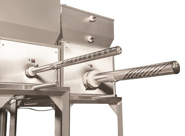Two stainless steel industrial food filling machines featuring horizontal nozzles.