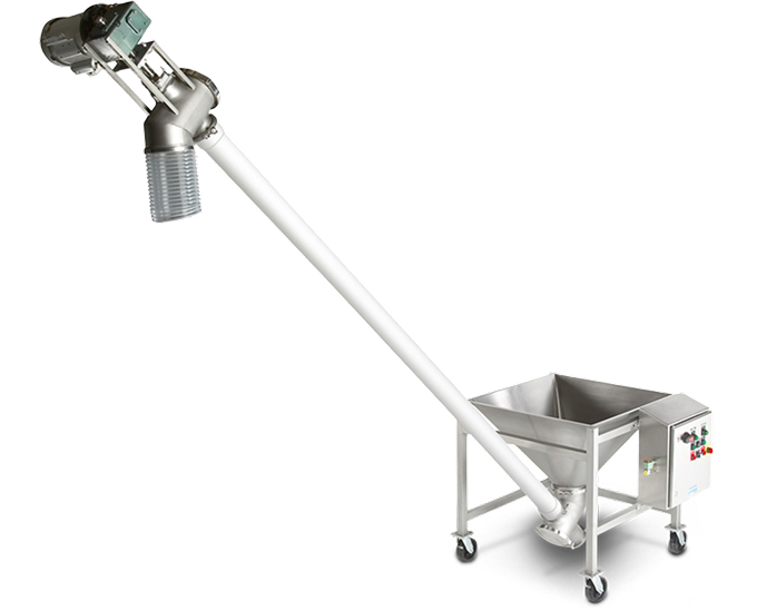 A mobile industrial auger conveyor with a stainless steel hopper and control panel.