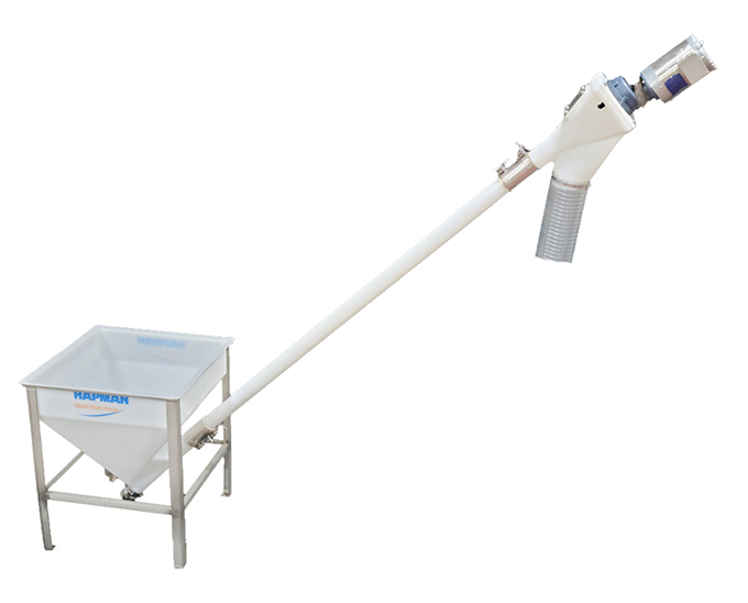 Hapman flexible screw conveyor with a hopper and an angled tube leading to a motor-driven discharge head.