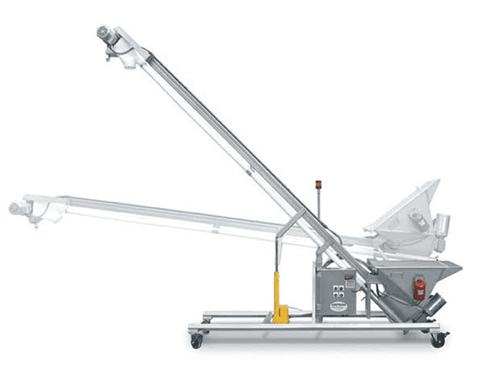 Industrial portable belt conveyor on wheels with an adjustable boom.