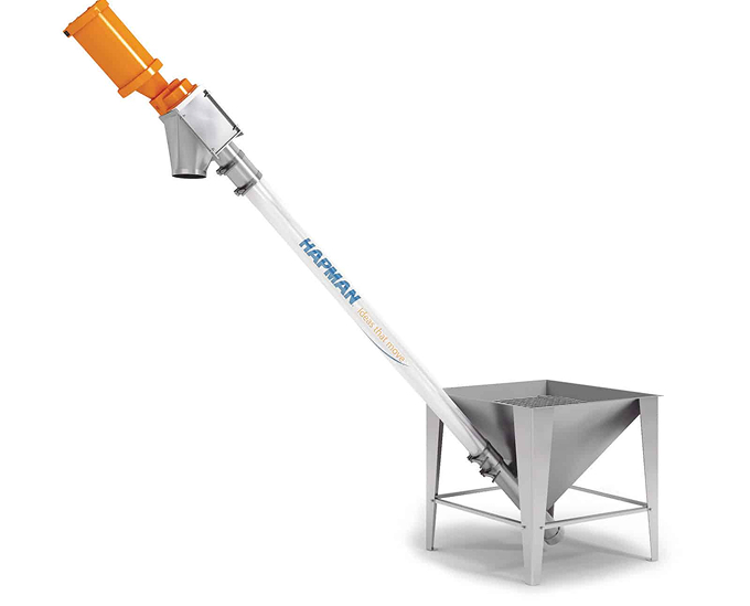 A Hapman industrial tubular drag conveyor with an orange motor, rising from a metal hopper at an angle.