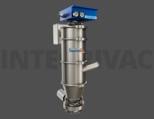 Hapman Integrivac industrial vacuum receiver with a cylindrical steel body, blue top housing, and integrated pressure gauges.