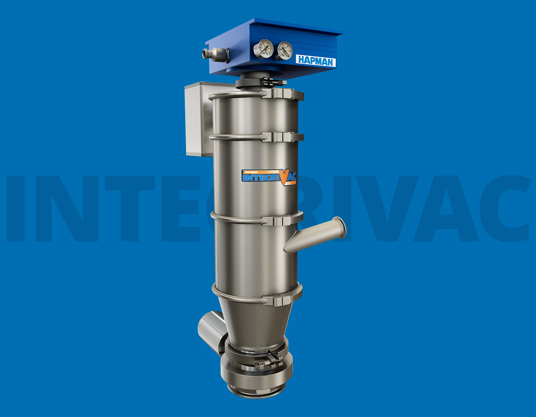 A stainless steel Hapman Integrivac industrial vacuum receiver against a blue background.