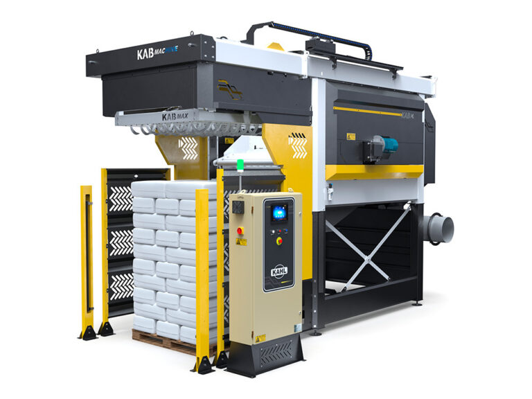 KAB Machine industrial palletizer wrapping a stack of white bags with a digital control console in the foreground.