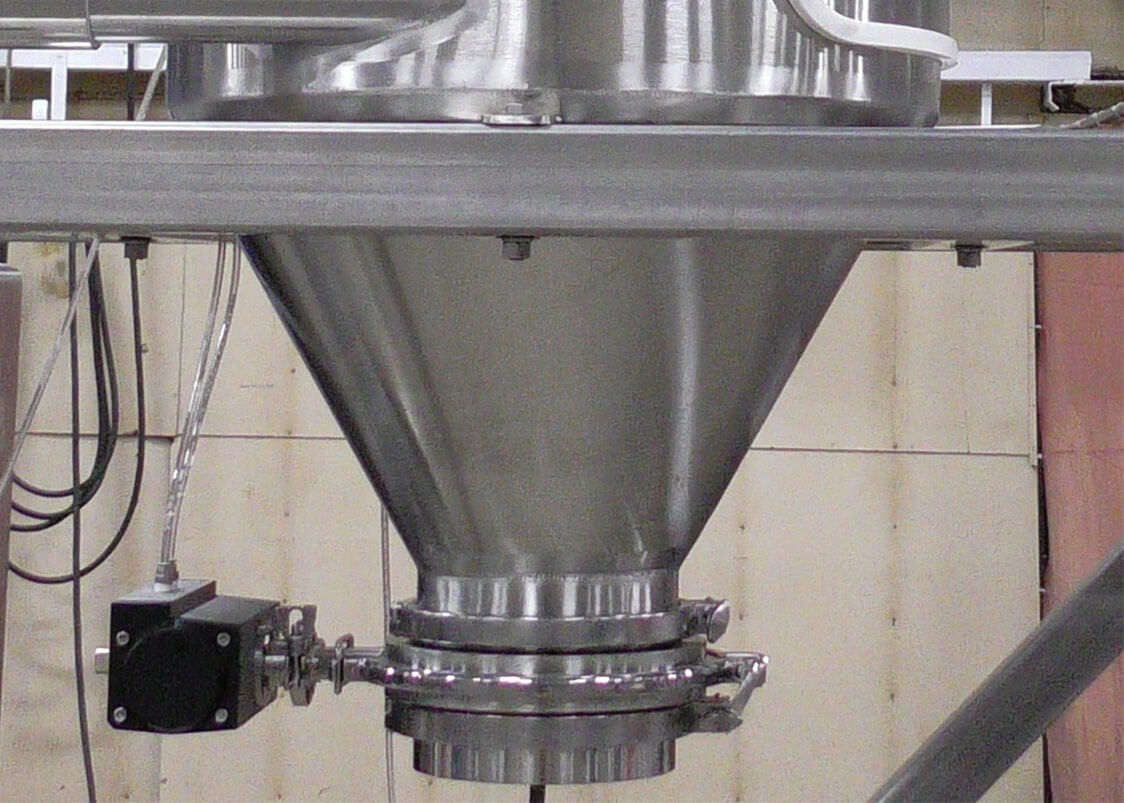 A stainless steel conical industrial hopper with an attached valve assembly.