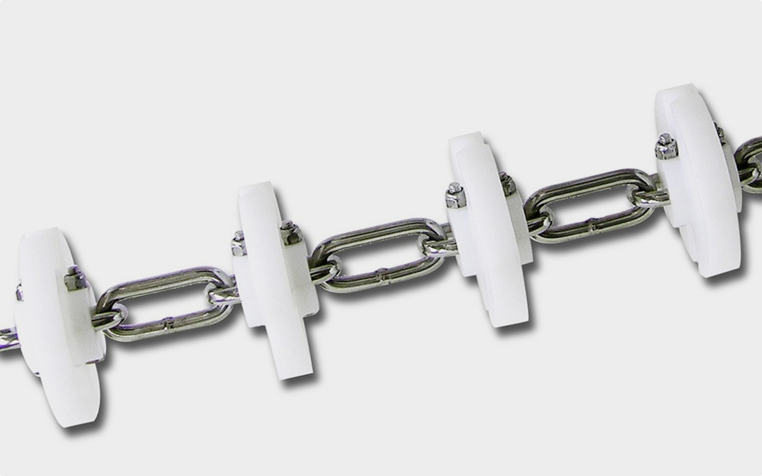 A metal link chain fitted with evenly spaced white plastic discs.