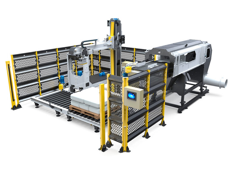 Industrial palletizing system with a robotic arm, roller conveyor, and safety fencing.