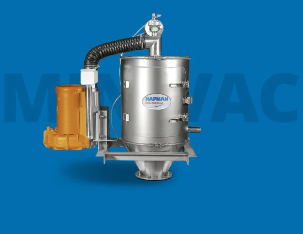 Hapman industrial vacuum conveying system with a stainless steel canister and an orange motor.