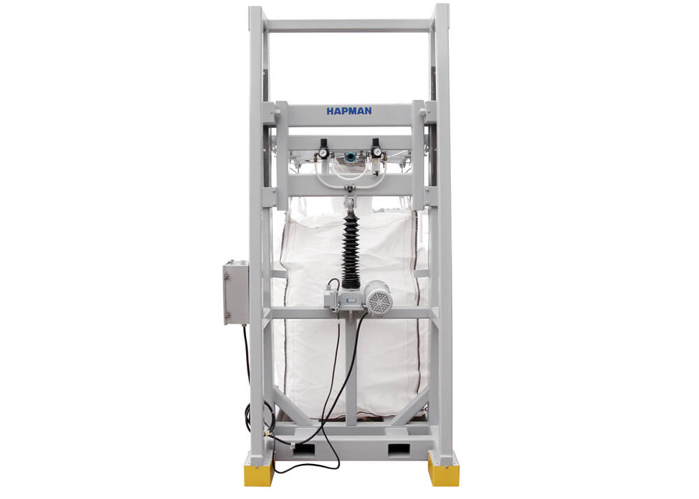 Hapman industrial bulk bag discharger station with a white supersack suspended in a metal frame.