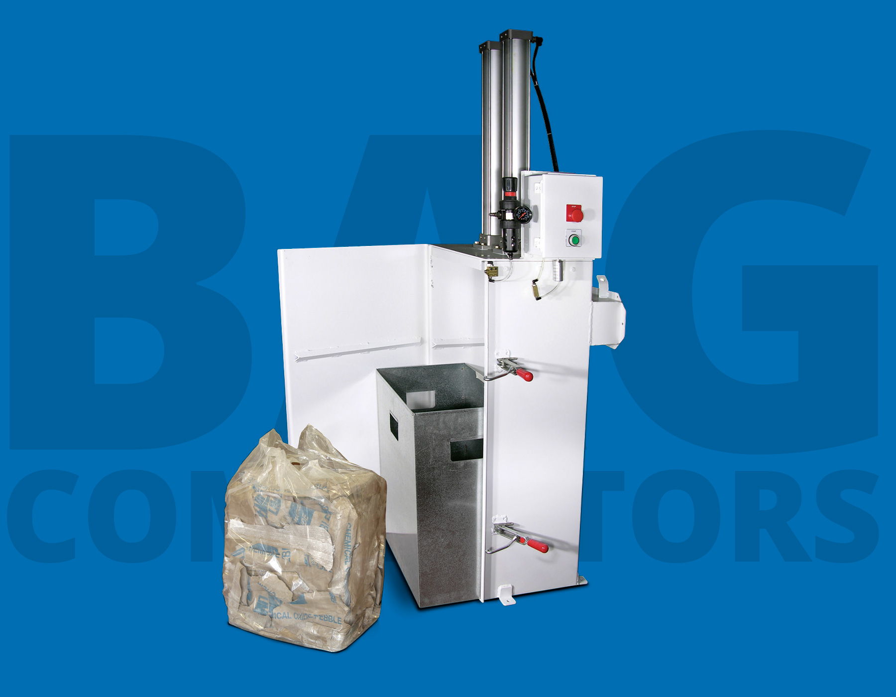 White metal bag compactor with a control panel and a trash collection bin, standing next to a bag of waste.