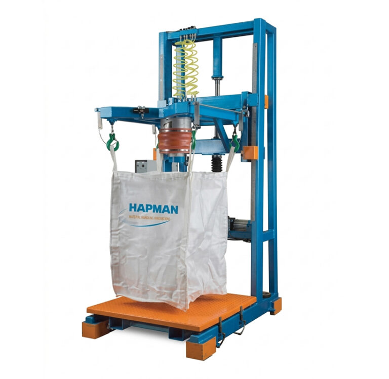 Blue industrial bulk bag filling machine with a Hapman branded bag suspended from its frame.