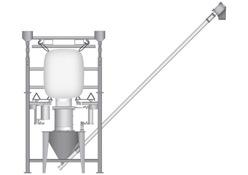 Industrial bulk bag unloader with a conical discharge hopper and an angled screw conveyor.
