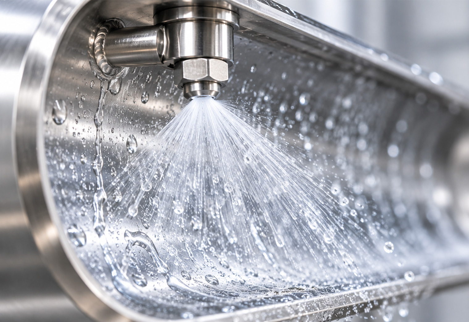 A stainless steel industrial spray nozzle misting water inside a metal trough.