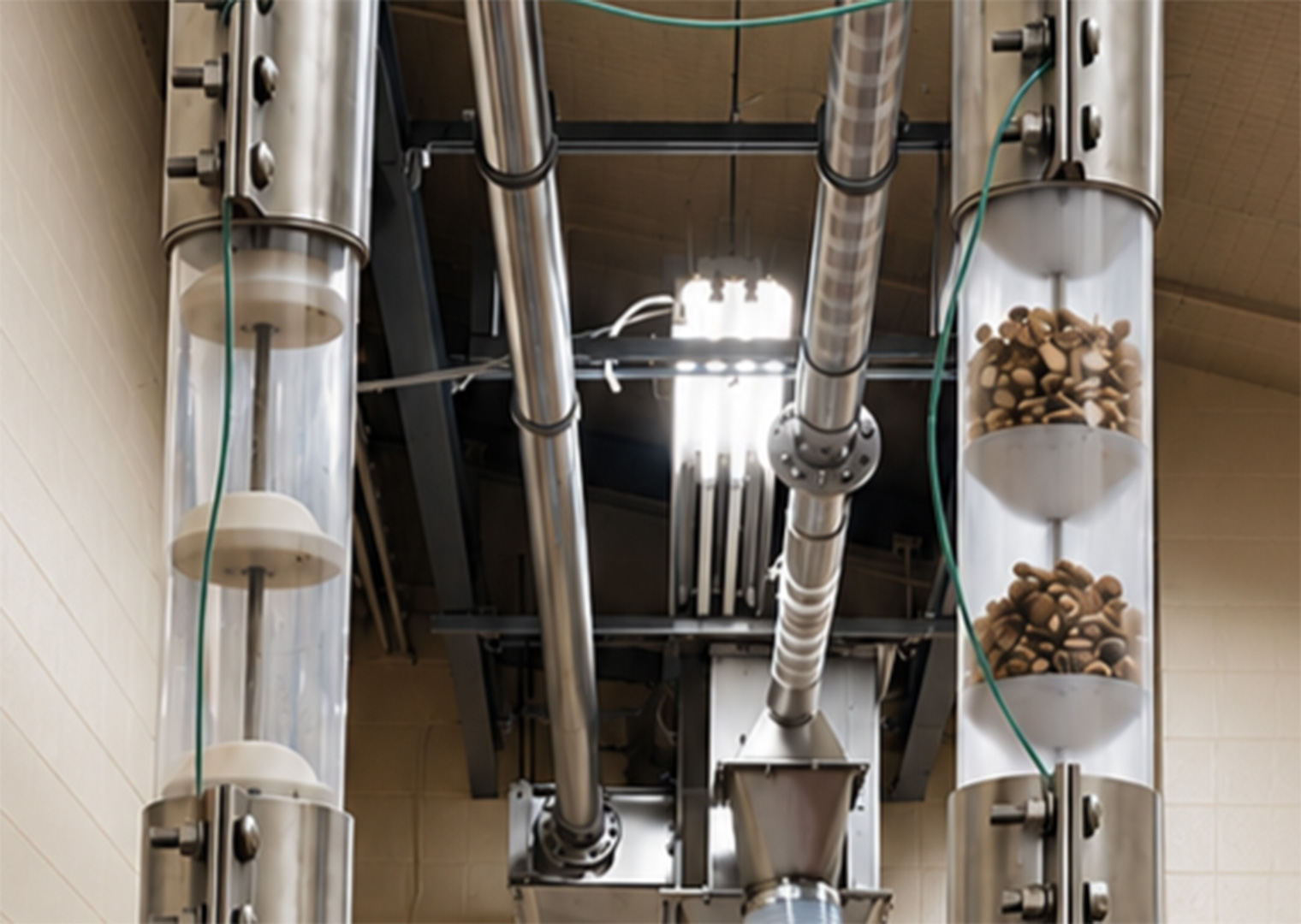 Two vertical industrial tubes containing stacked almond kernels, connected by metal piping and machinery.