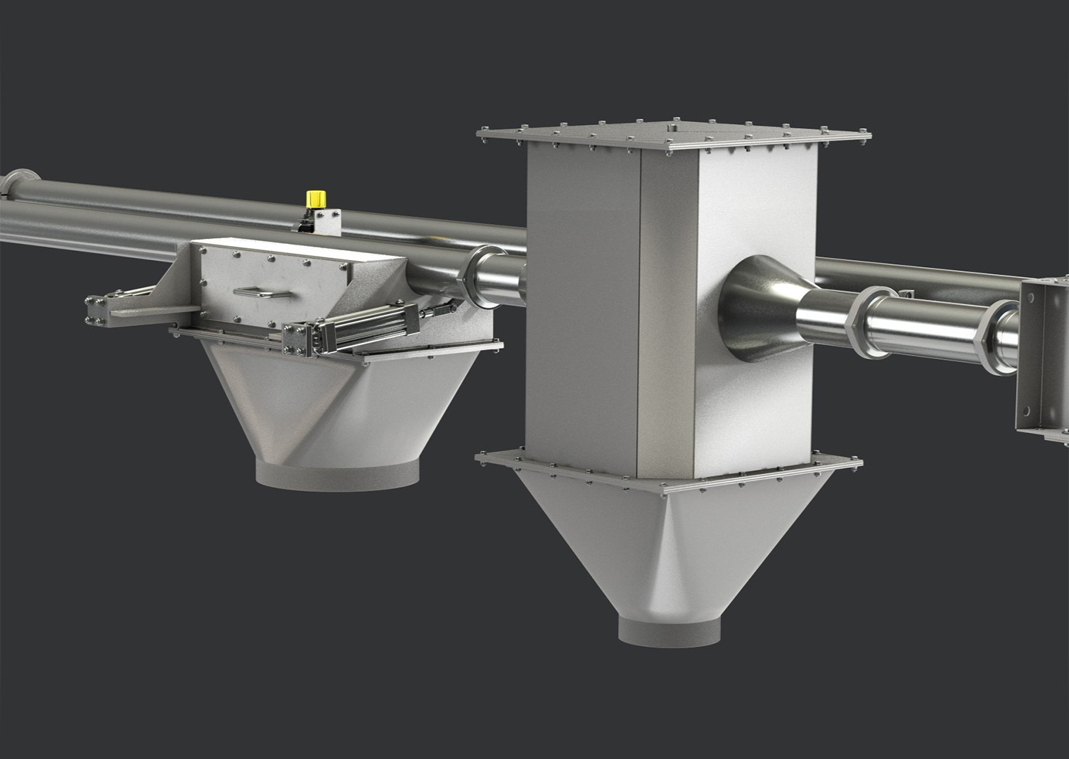 Two industrial hoppers attached to a horizontal metal pipe.