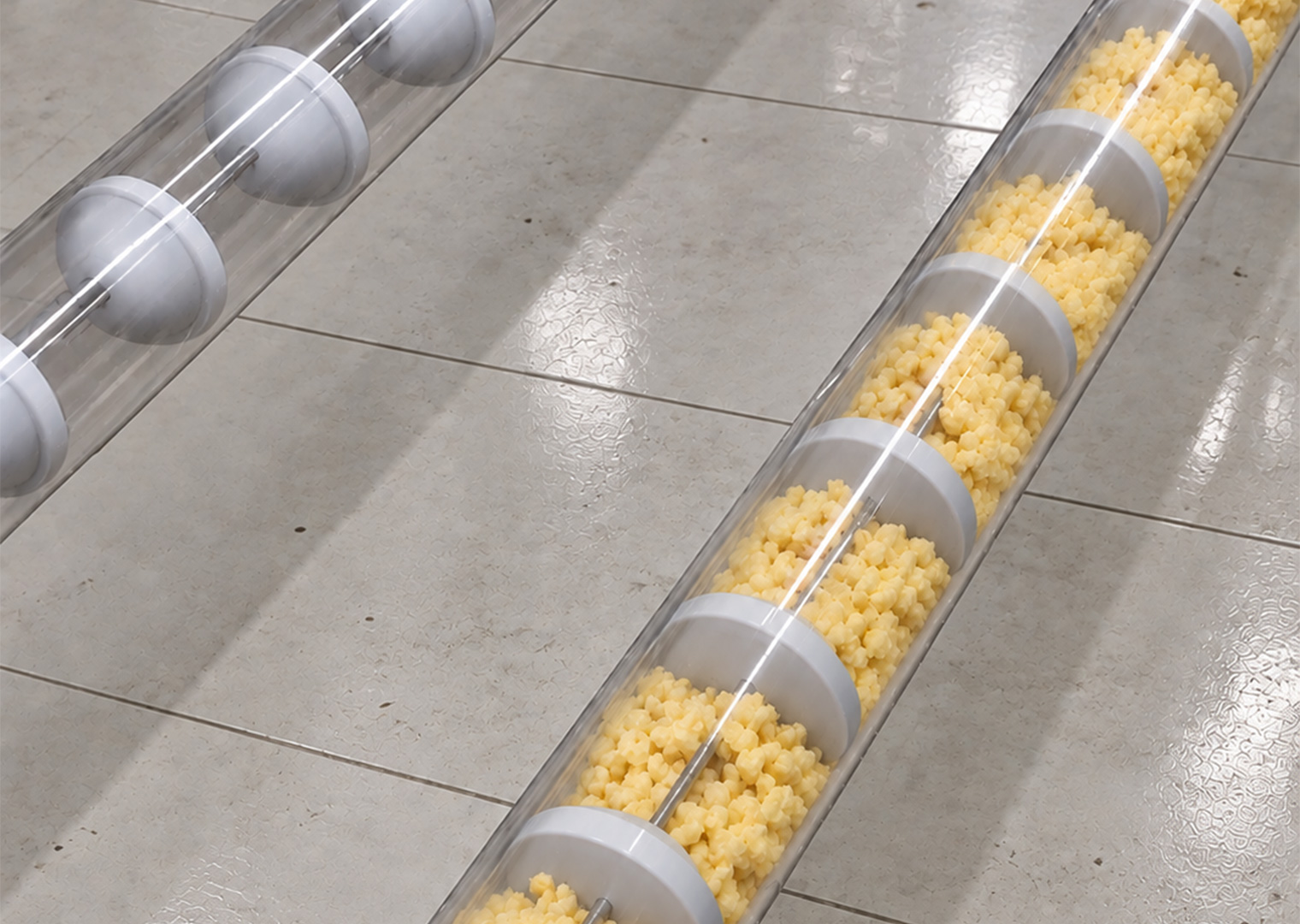 Two clear tubes filled with yellow, star-shaped food pieces, separated by white circular dividers.
