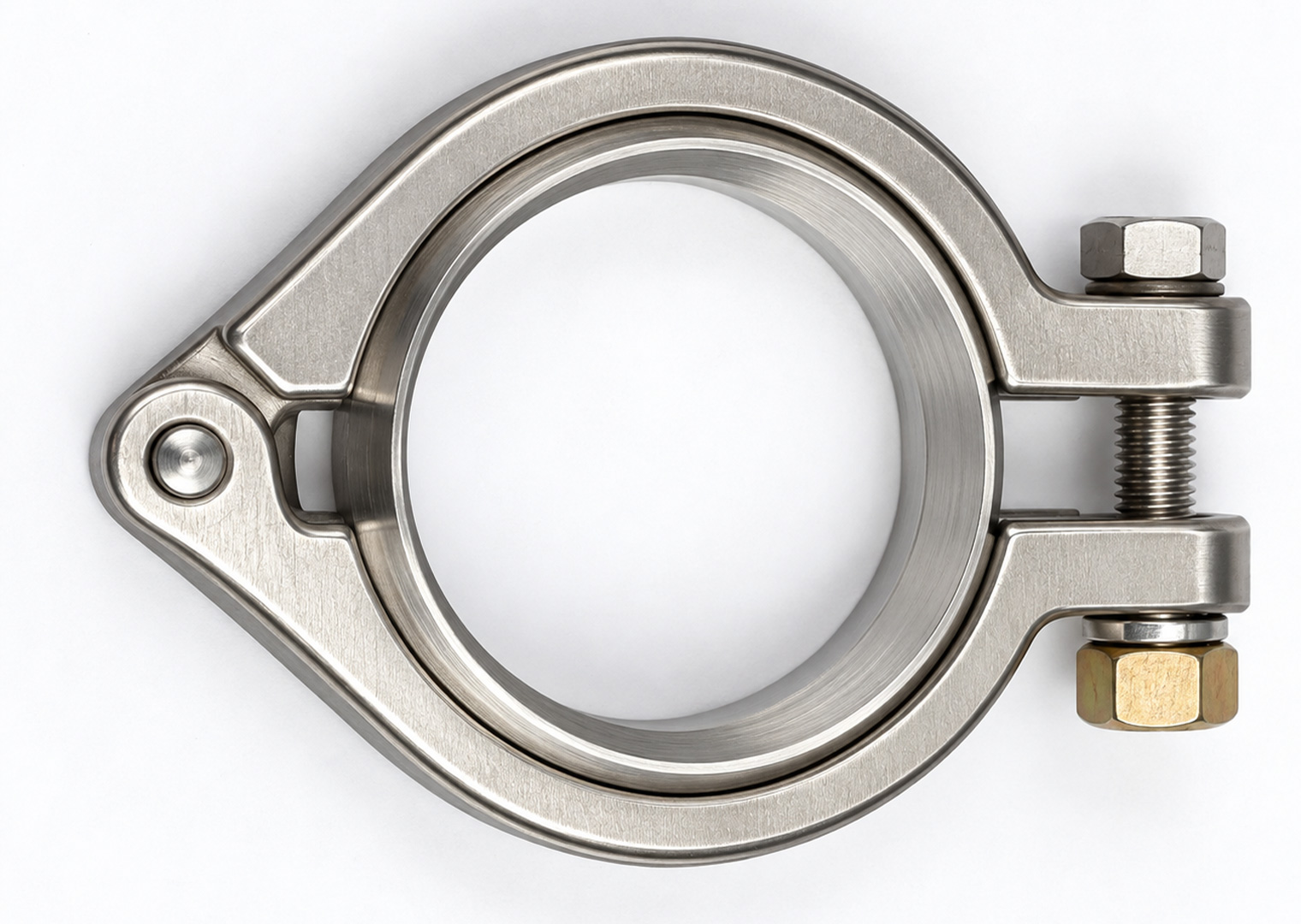 A stainless steel sanitary tri-clamp with a hinge on one side and a bolt and nut closure on the other.
