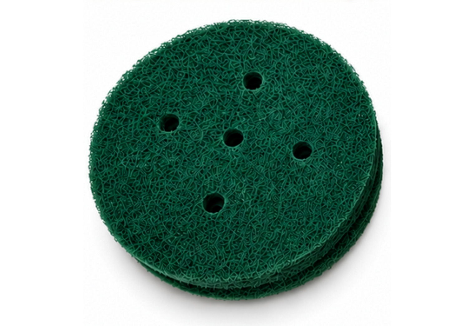 A circular, dark green abrasive floor cleaning pad with five holes.