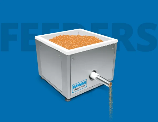 A Hapman PosiPortion feeder dispensing granulated material from a square hopper.