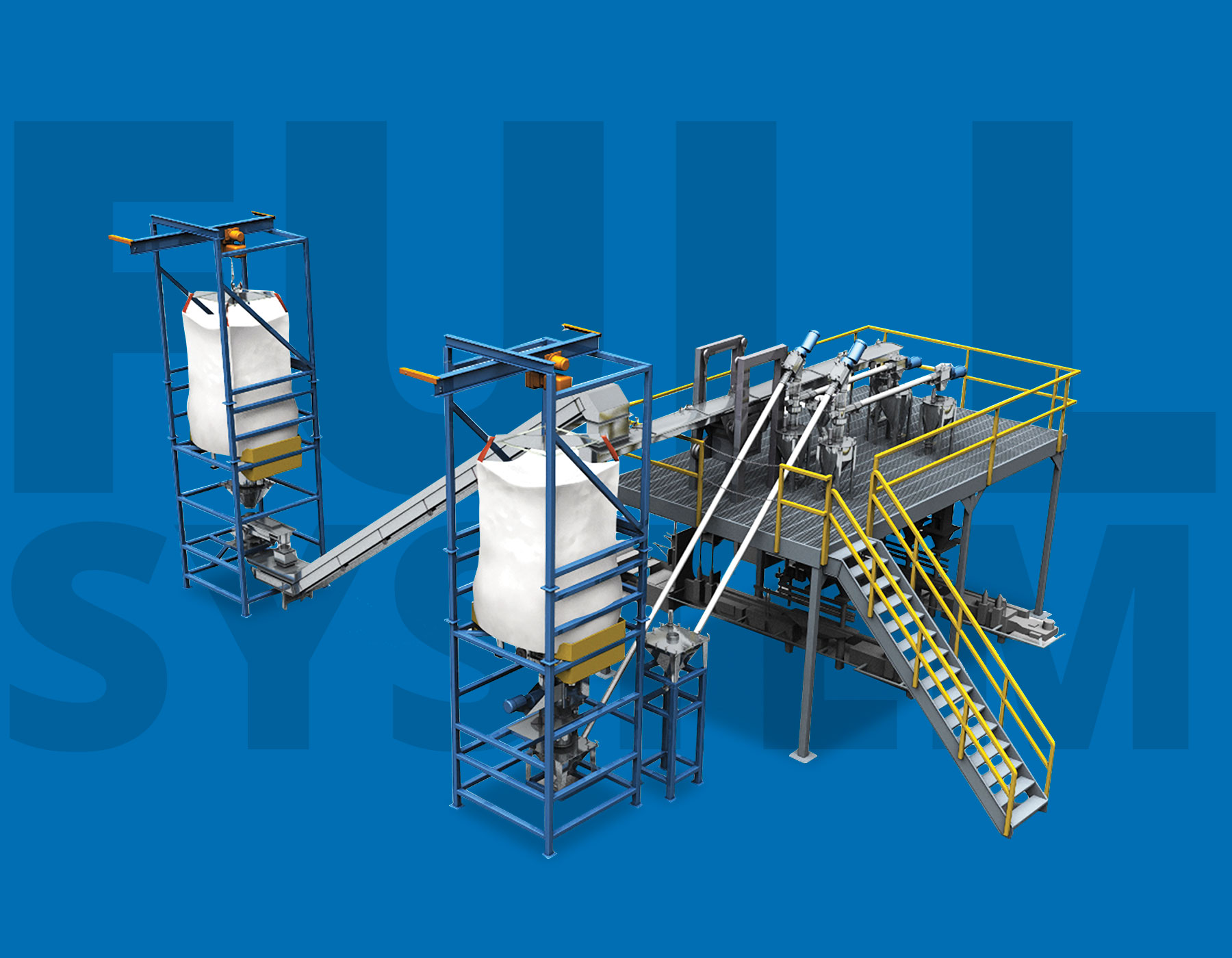 Industrial processing equipment featuring two tall bag-unloading stations connected by conveyors to an elevated platform with a staircase.
