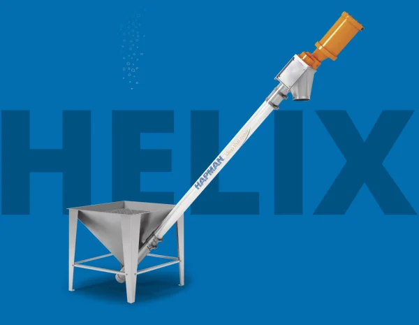 Hapman Helix flexible screw conveyor system with a feed hopper and overhead motor, set against a blue background with large text reading HELIX.