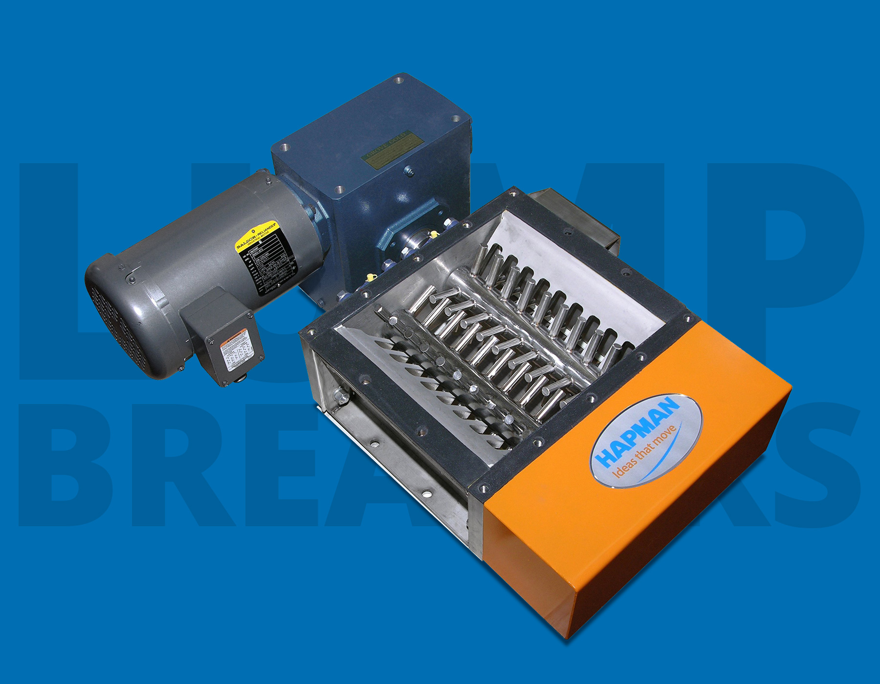 Hapman lump breaker industrial machine with a motor, gear reducer, and a hopper containing dual intermeshing metal shafts with blades.