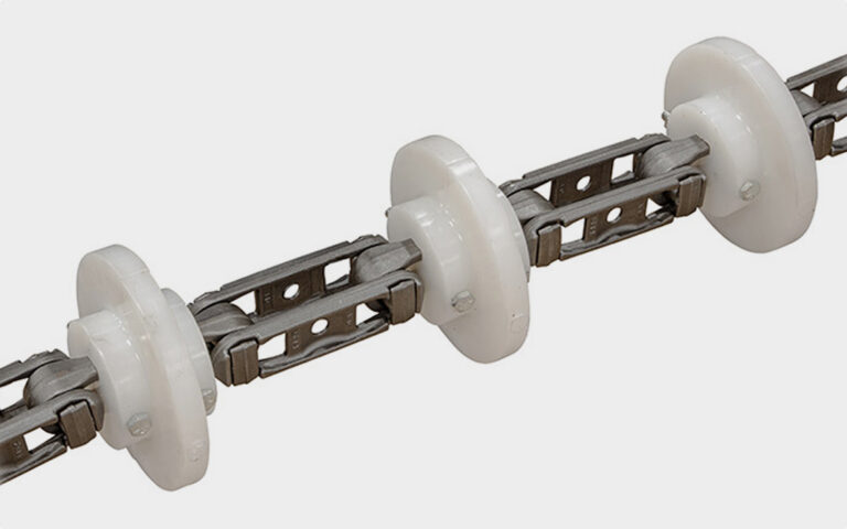 A metal industrial chain featuring evenly spaced white plastic rollers.