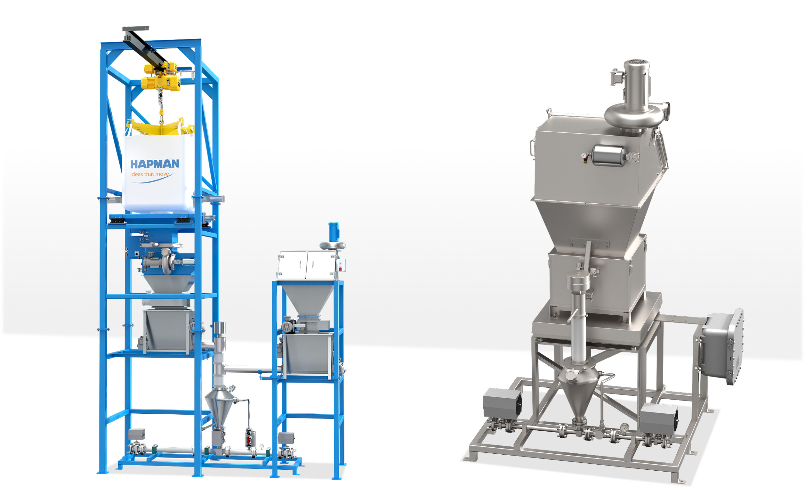 A Hapman bulk bag unloading system with a blue frame next to a stainless steel industrial hopper and piping assembly.