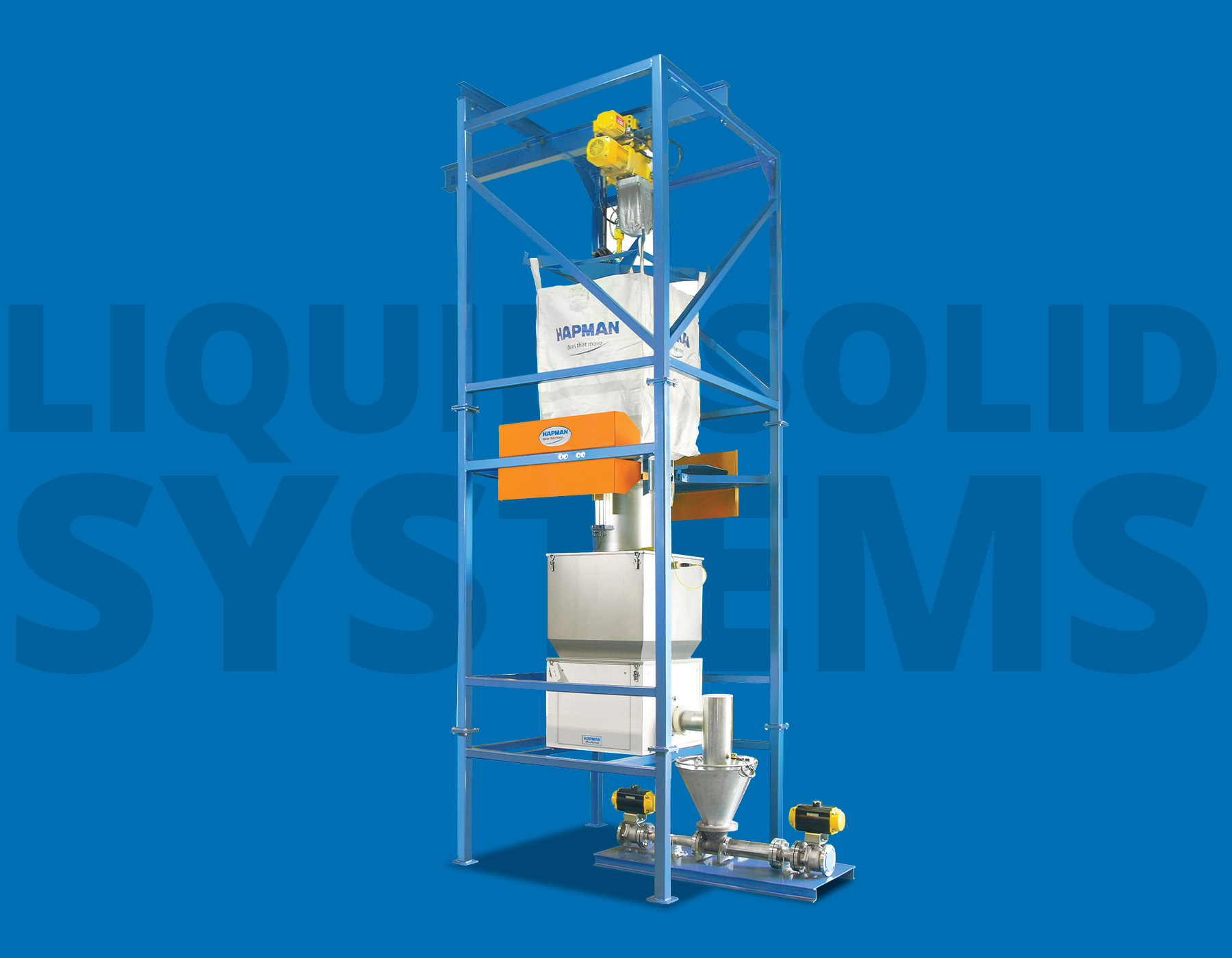 Hapman bulk bag unloading system featuring a steel frame, overhead hoist, bag discharge station, and bottom-mounted feeder assembly.