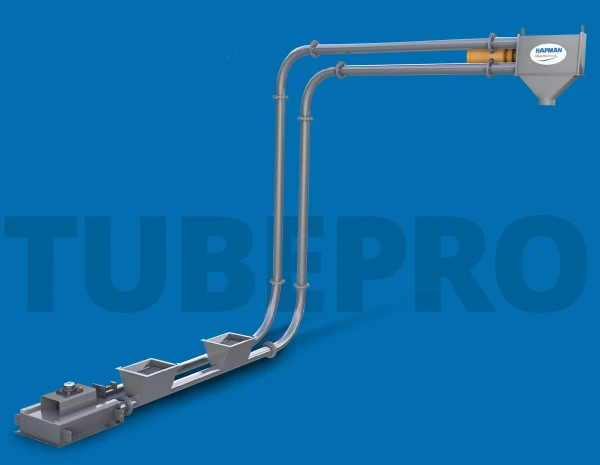 Hapman industrial tubular conveyor system with two inlet hoppers and a discharge outlet.
