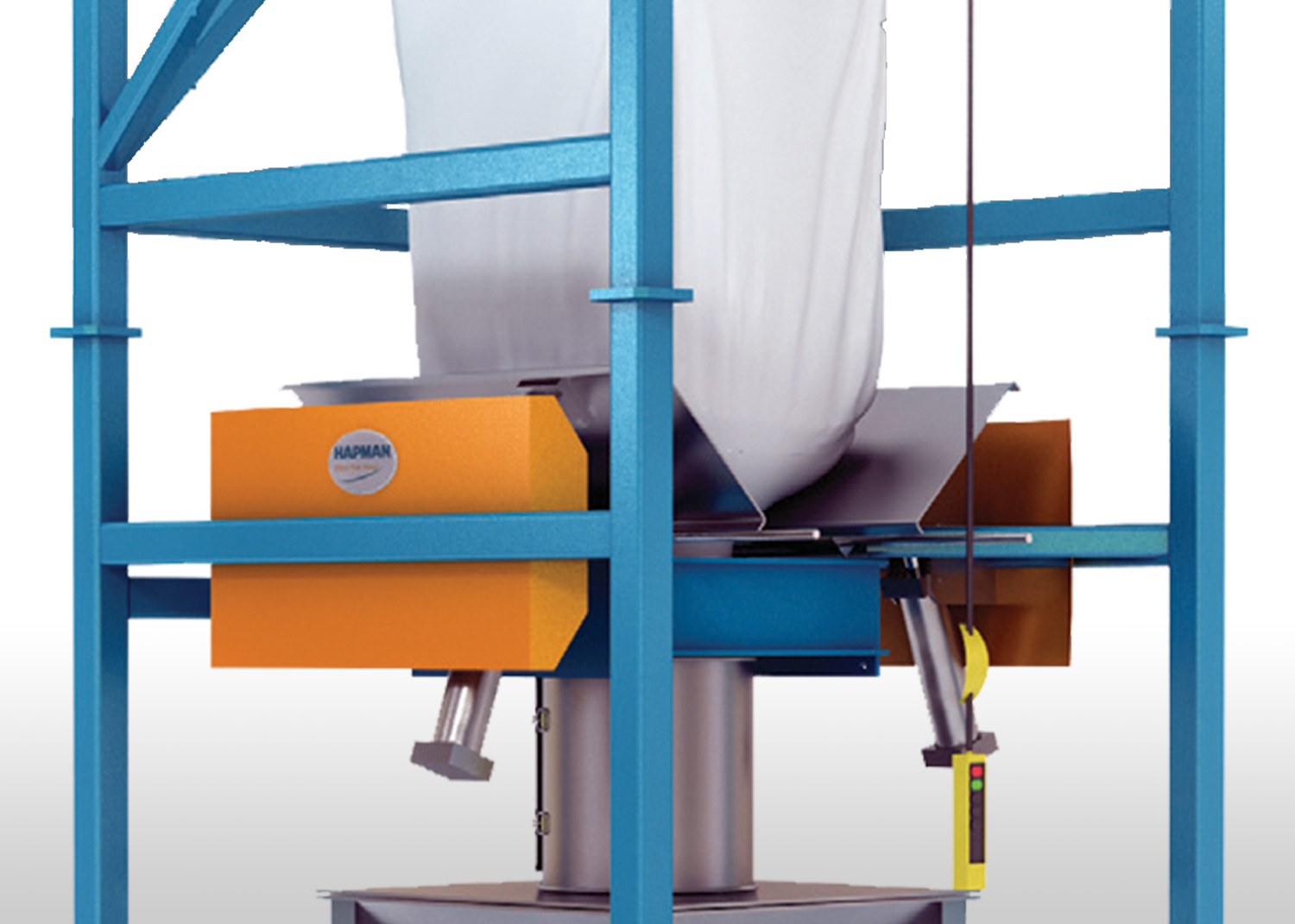 A Hapman bulk bag unloader station with a large white bag suspended in a blue steel frame above a metal hopper.